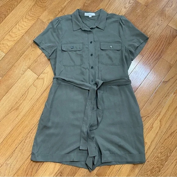 LOFT Women's Size 12 Olive Green Button-Up Romper with Cuffed Shorts + Tie Waist - Picture 3 of 16